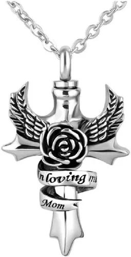 Miniatura 9 de Collar de urna de alas de ángel con cruz para cenizas en memoria amorosa, papá, mamá, abuela, abuelo, hermano, hermana, tía, hijo, cremación