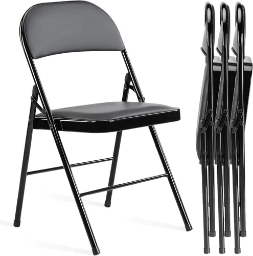 Alpen 4 Pack Folding Chairs Leather Padded, Steel Frame Portable Stackable Commercial Seat, Comfy for Home Office Party Indoor Outdoor, Black