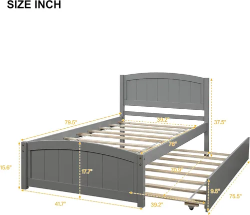 Miniatura 2 de Merax Cama de plataforma de madera con nido – Cama individual soporte de listones de madera, no necesita somier, gris