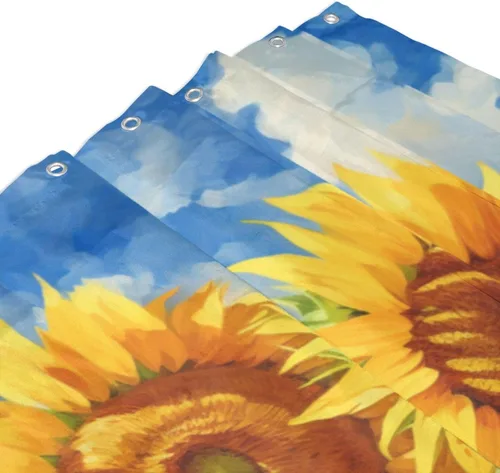 Miniatura 3 de YLATY2314 - Cortina de ducha de girasol para baño, pintura al óleo, hojas verdes, flores, bohemio, tela amarilla abstracta, moderna, impermeable