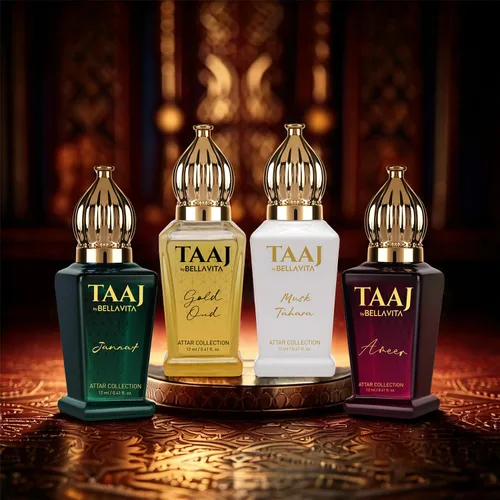 Miniatura 2 de BELLAVITA Taaj Attar de lujo Set de regalo unisex de larga duración para hombre y mujer, 4 x 0.4 fl oz, caramelo, limón, canela y almizcle