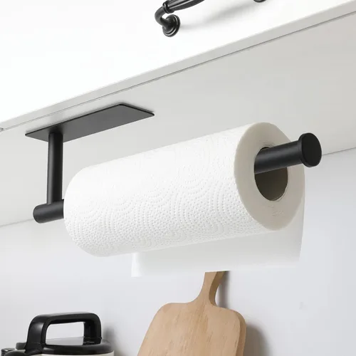 Miniatura 2 de theaoo - Toallero de papel para debajo del gabinete para cocina, toallero adhesivo para baño, montado en la pared, negro mate, acero inoxidable