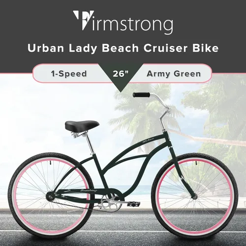 Miniatura 2 de Sixthreezero Urban Lady Beach Cruiser - Bicicleta híbrida de 3 velocidades para mujer Verde militar con llantas rosadas con asiento negro/puños