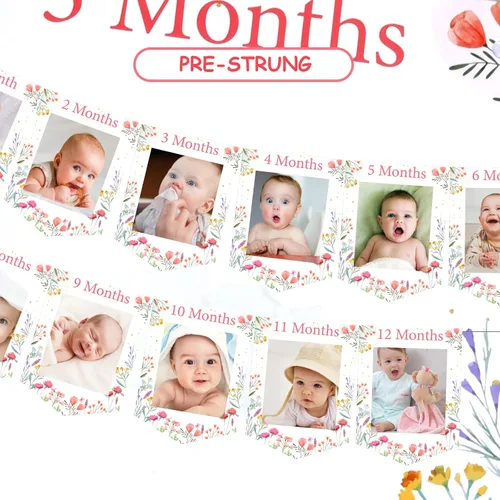 Miniatura 5 de Cartel de fotos de primer cumpleaños con tema de flores silvestres de recién nacido a 12 meses para niñas, registro de crecimiento mensual de hitos