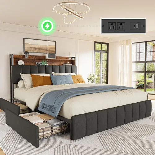 Miniatura 13 de PRAISUN Base de cama de tamaño matrimonial con cabecera tapizada y estación de carga, marco de cama de metal de tamaño matrimonial con 4 cajones