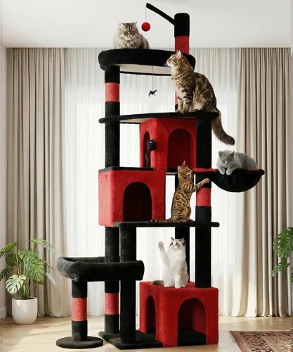 Miniatura 12 de PMT04BW - Árbol resistente para gatos de interior, torre para gatos de 74 pulgadas con poste rascador, cesta colgante, condominio para gatos