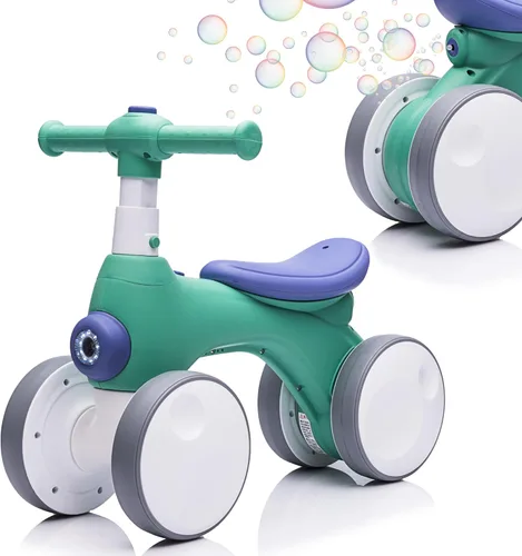 Bicicleta de equilibrio para bebés y niños pequeños con máquina de burbujas para niños de 1 año, bicicleta de equilibrio para niños de 4 ruedas con