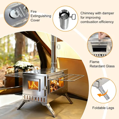 Miniatura 5 de Estufa de leña para exteriores unho para acampar, chimenea de tubo de acero inoxidable, estufa de tienda caliente para calentar y cocinar al aire