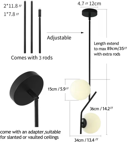 Miniatura 3 de SeeU Lámpara colgante de estilo moderno, lámpara de globo, lámpara colgante negra, lámpara colgante para isla Kithchen, comedor, dormitorio 2 luces