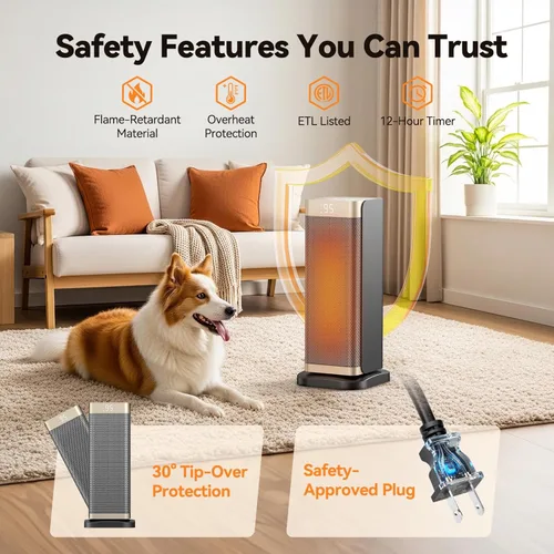 Miniatura 4 de Calentadores de espacio para uso en interiores, calentador eléctrico de 1500 W con termostato, oscilación de 70°, control remoto, 3 modos