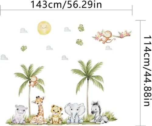 Miniatura 7 de Calcomanías de pared de animales de acuarela de 56.29 x 44.88 pulgadas, calcomanías de animales de selva, tigre, elefante, cebra, jirafa, mono