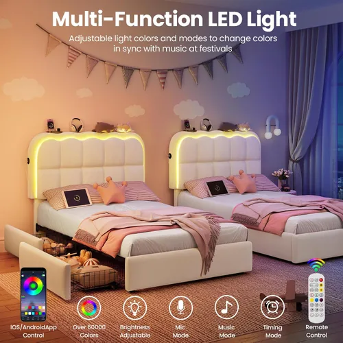 Miniatura 4 de CypBed Base de cama individual con cajones de almacenamiento y cabecero, base de cama LED tapizada de terciopelo para niños, marco de cama de metal