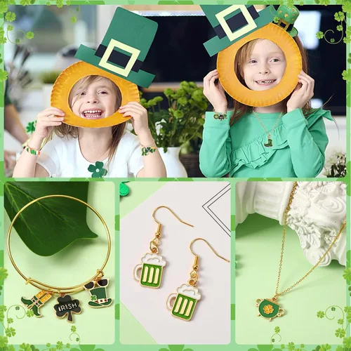 Miniatura 7 de SANNIX 110 piezas de 55 pares de dijes del día de San Patricio, trébol de San Patricio, dije de esmalte dorado para hacer joyas, pulseras, collares