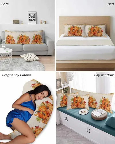 Miniatura 6 de Fundas de almohada de calabazas de otoño tamaño Queen, 2 paquetes de fundas de almohada suaves decorativas para sofá sofá de cuerpo largo, funda