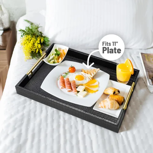 Miniatura 4 de ATZYmolin - Bandeja de servicio de madera de 17" x 12" con asas de metal dorado pulido, bandeja decorativa de madera rectangular para otomano