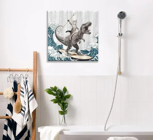 Miniatura 5 de WWN Divertido arte de pared de dinosaurio para montar en gato, divertido arte de pared de T-Rex Surfing, pintura para decoración de pared, póster