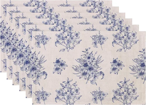 Miniatura 15 de LilyCat Manteles de tela de lino con estampado floral azul, manteles impermeables y duraderos de estilo bohemio para mesa de comedor, juego de 4