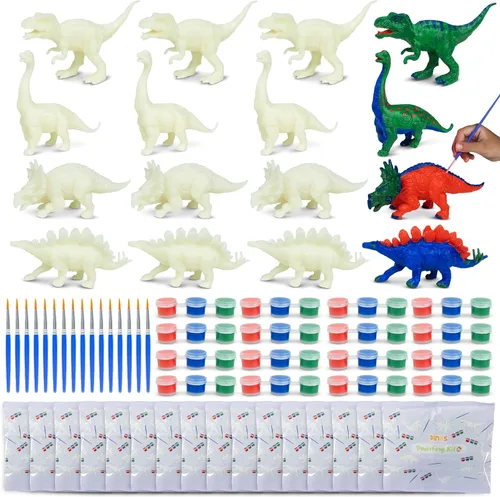 BONNYCO Recuerdos de fiesta de dinosaurios para niños, kit de pintura para niños, paquete de 16, bolsas de regalo de dinosaurio para niños de 3 a 5