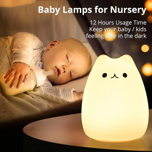 Miniatura 5 de Lámpara LED de mesilla de noche con forma de gato, multicolor silicona suave para habitación del bebé, control, blanco cálido y 7 modos de luz