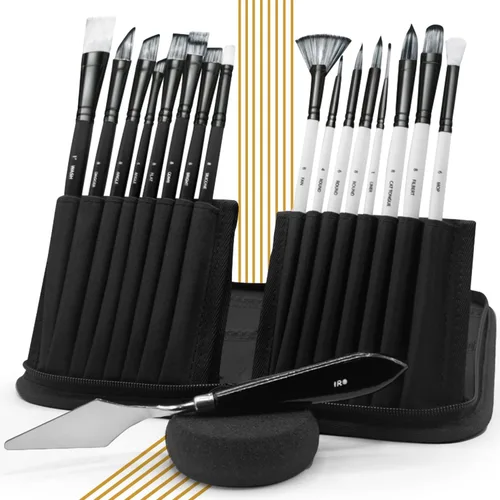 IRO Juego de 15 pinceles planos profesionales para pintura acrílica y pinturas al óleo. Pinceles redondos para acuarela y gouache. Juego de pintura