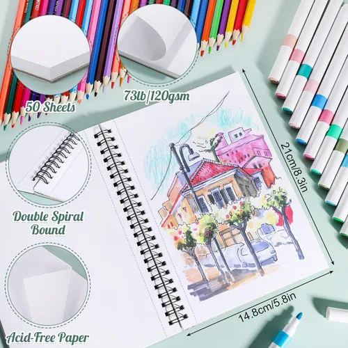 Miniatura 2 de 50 hojas de papel para marcadores, bloc de bocetos artísticos a prueba de sangrado de 5.8×8.3 pulgadas, papel de dibujo de 73lb/120gsm, libro