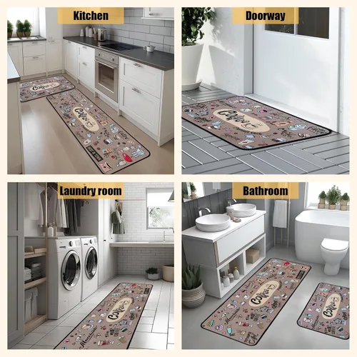 Miniatura 5 de Voanos Alfombras de Cocina de Café, Alfombrillas de Microfibra Lavables Antideslizantes para Piso de Cocina, Juego Decorativo de Alfombra Acolchada