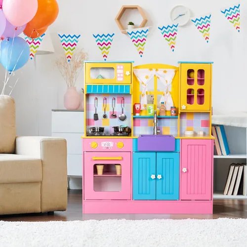 Miniatura 8 de BRINJOY Juego de cocina para niños, cocina de madera para niños con grifo, fregadero, estufa, horno, cortinas, utensilios de cocina, armarios