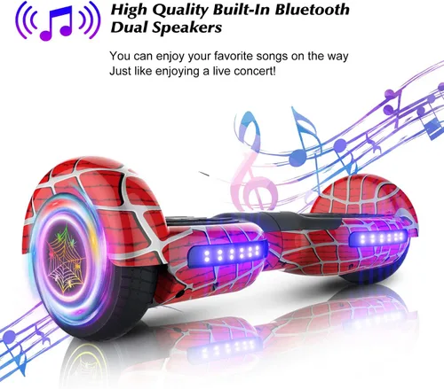 Miniatura 8 de Patineta autoequilibrante con patrón de araña para niños de 6 a 12 años, con altavoz Bluetooth y luces LED, patineta de 6.5 pulgadas, certificación