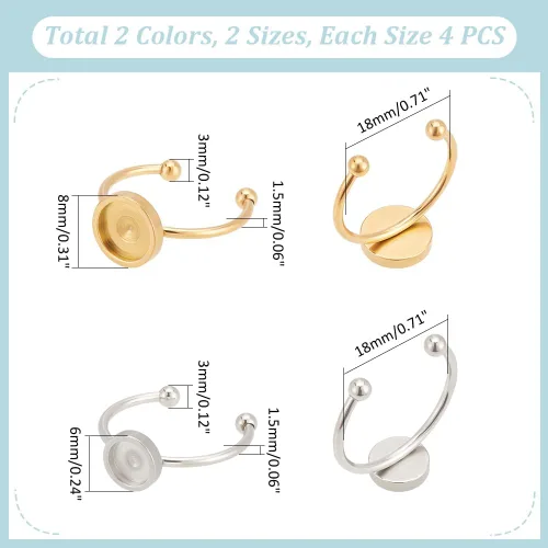 Miniatura 3 de UNICRAFTALE 16pcs 2 colores 6/0.315 in anillo ajustable en blanco almohadilla de acero inoxidable anillo ajustes Cabujón Base Bisel bandeja