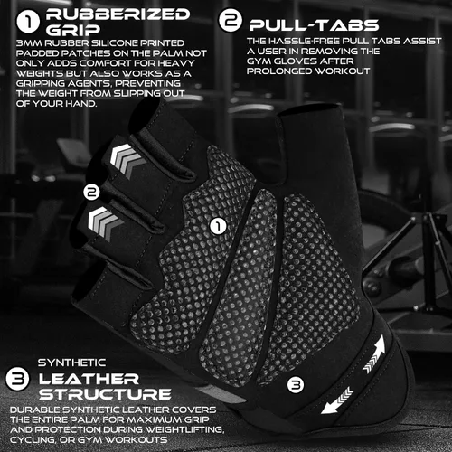 Miniatura 3 de BEAST RAGE Guantes sin dedos para levantamiento de pesas con acolchado de protección en la palma, guantes de gimnasio transpirables y ligeros