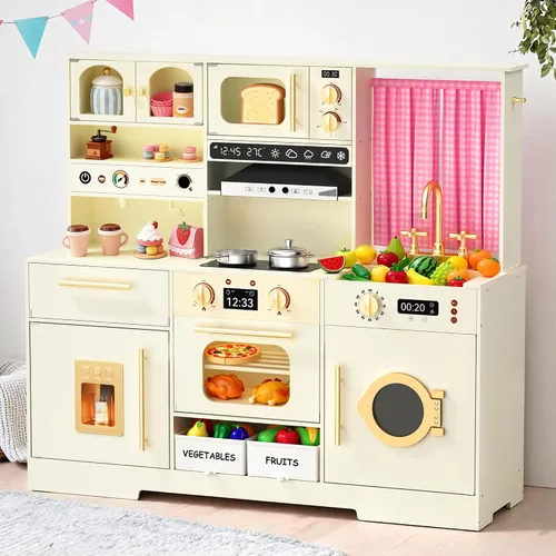 Estación de cocina de juego para niños pequeños con cajas de almacenamiento de fieltro y gancho para estantes, juego de cocina de madera para niños