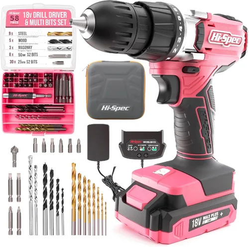 Hi-Spec Juego de taladro inalámbrico rosa, taladro eléctrico de 18 V con batería y cargador, incluye juego de destornillador/brocas para madera,