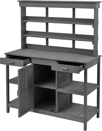 Miniatura 9 de Mesa Grande para Macetas de Exterior de 66" con 2 Cajones, Gabinete, Estantes Abiertos, Banco de Madera para Macetas para Jardín, Patio, Casa