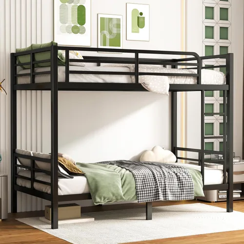 Miniatura 11 de Litera individual XL sobre Queen, cama alta de metal resistente para adultos/adolescentes, capacidad de 350/600 libras con escalera y barandilla