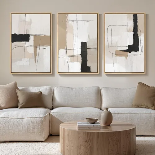 Miniatura 21 de Arte de pared abstracto neutro con marco grande para sala de estar, 3 piezas, impresiones modernas en lienzo para paredes, cuadros negros y beige