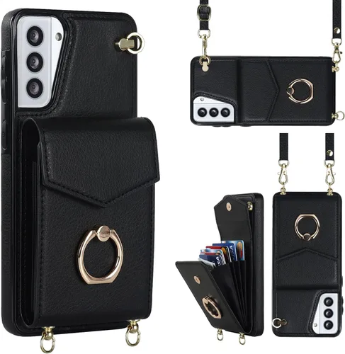Funda para Samsung Galaxy S21 Case 5G de 6.2 pulgadas, funda de billetera minimalista con soporte de anillo y correa para el hombro, funda