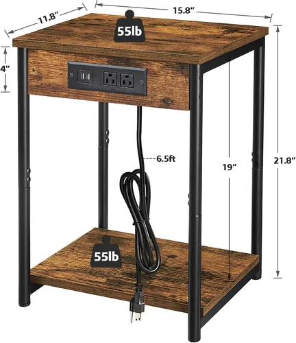 Miniatura 6 de TUTOTAK Mesita de noche con estación de carga, mesa auxiliar, mesa auxiliar con USB, 21.8 pulgadas de alto con estante de almacenamiento, mesa