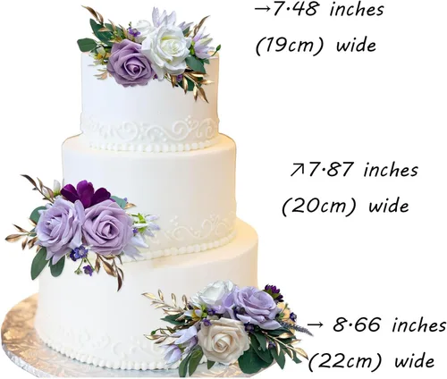 Miniatura 2 de CherishedMoments Juego de 3 adornos para tartas, decoración de flores artificiales para boda, decoración de tartas moradas para boda, aniversario