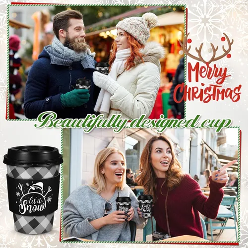 Miniatura 5 de Layhit 100 Piezas Tazas de Café Navideñas de Cuadros Buffalo, Vasos de Papel Navideños Desechables con Tapas, Fundas y Pajitas Removedoras
