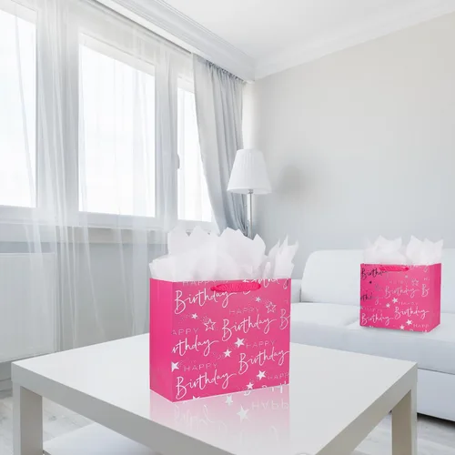 Miniatura 3 de JWSCYSY Bolsa de regalo grande plateada metálica impresa con texto en inglés "Happy Birthday", bolsa de regalo de papel para mujeres y niñas, fiesta