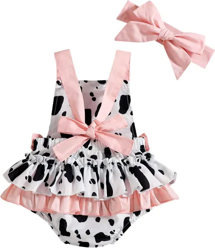 Miniatura 2 de IDOPIP Mameluco de verano con estampado de vaca, sin mangas, con volantes, espalda descubierta, con diadema, traje de cumpleaños de vaca