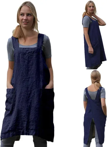 TBA Delantal de lino de algodón, delantal con espalda cruzada para mujer con bolsillos grandes, vestido tipo delantal cuadrado para hornear,