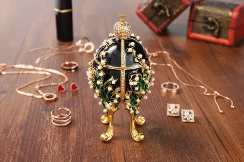 Miniatura 4 de Caja clásica de joyería de huevo de Pascua pintada a mano con esmalte y adornos de diamantes de imitación, regalo para decoración del hogar Negro