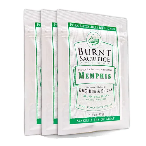 Burnt Sacrifice Memphis Style Gourmet BBQ Spice - Condimentos secos (paquetes de 1.5 onzas, caja de 3) colillas de cerdo, chuletas de lomo,