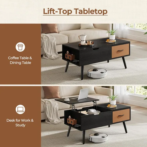 Miniatura 7 de Yaheetech Mesa de centro elevable para sala de estar, mesas centrales pequeñas de madera con gran cajón de almacenamiento y compartimento oculto