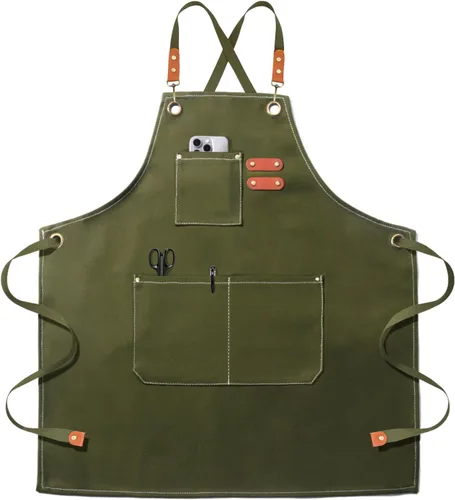 OUNLEN Delantal de Chef para Hombres y Mujeres de Lona con 3 Bolsillos, Delantal Resistente de Trabajo con Espalda Cruzada para Cocinar