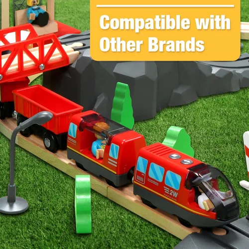 Miniatura 5 de Juego de tren a pilas para vías de tren de madera (con sonido y conexión magnética), potente juego de tren locomotora de acción que se adapta a