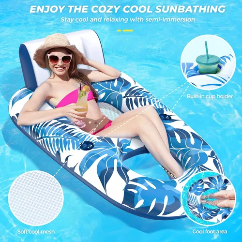 Miniatura 2 de JCLEAL Flotadores de piscina para adultos de 1-2-3 personas, tumbona inflable extra grande, silla reclinable reclinable con respaldo, reposapiés
