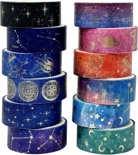 allydrew Elegante caja de cinta washi de lámina dorada para artes y manualidades, álbumes de recortes, papelería, diario (12 rollos), galaxia
