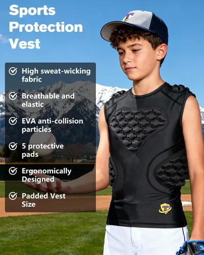 Miniatura 7 de Camiseta acolchada de fútbol juvenil para niños, protector de costillas en el pecho, protección del esternón, camiseta interior de rugby para niños